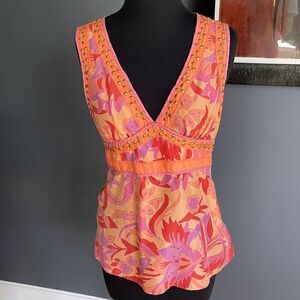 Express 100% silk shades of pink/red/orange/purple floral print fitted waist top